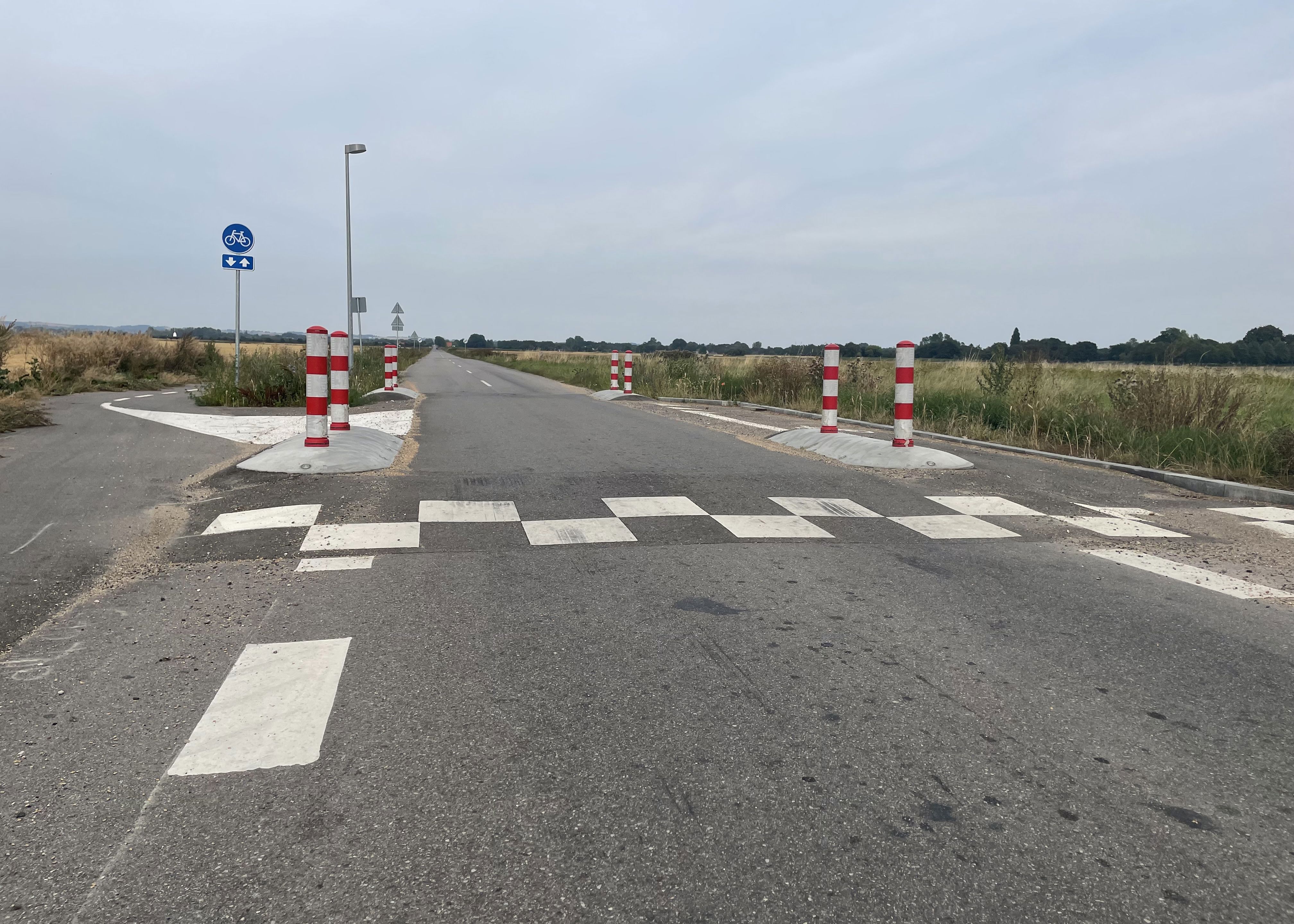 Vejbump med rød/hvide chikaner ude i åbent land