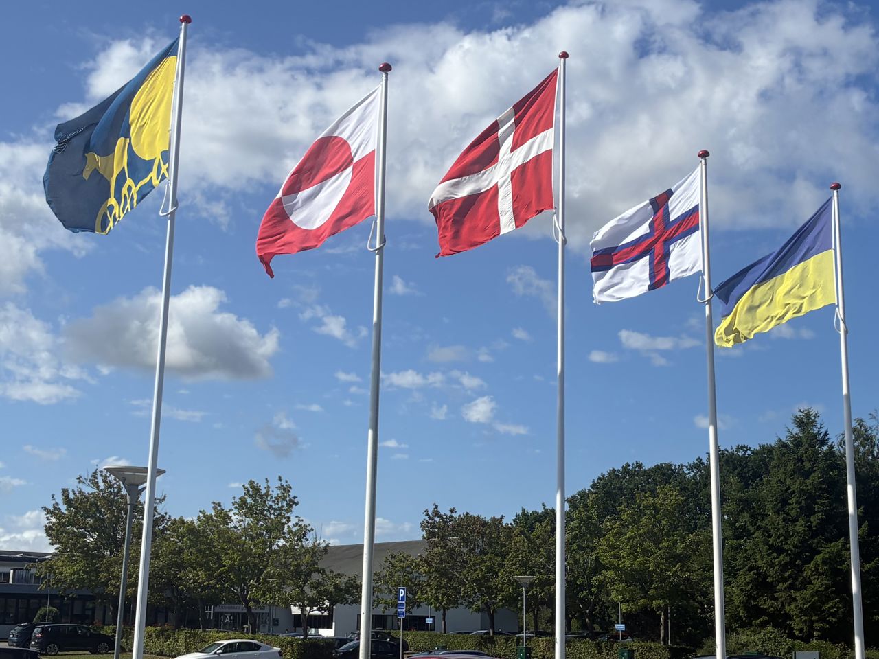 Fem flagstænger med flag