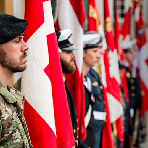 Soldater står med faner
