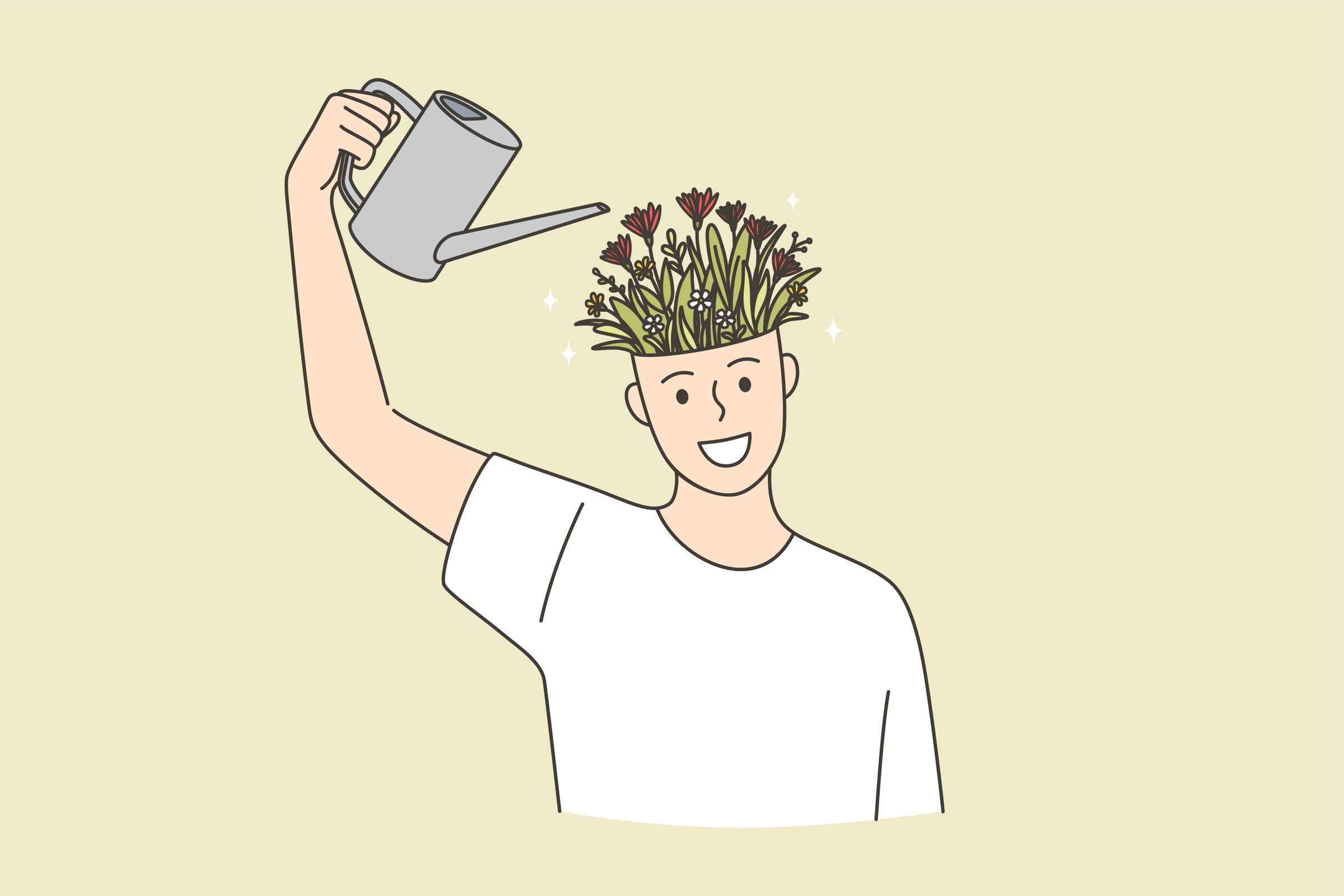 tegning af mand, der vander blomster der vokser ud af hans hjerne