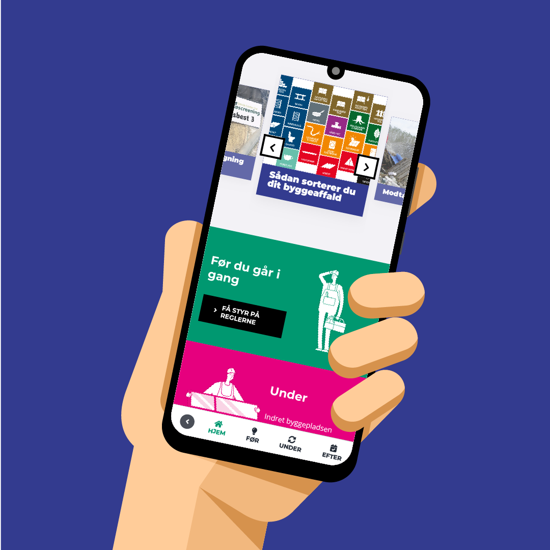 Grafik der viser en mobiltelefon med appen Dit Byggeaffald