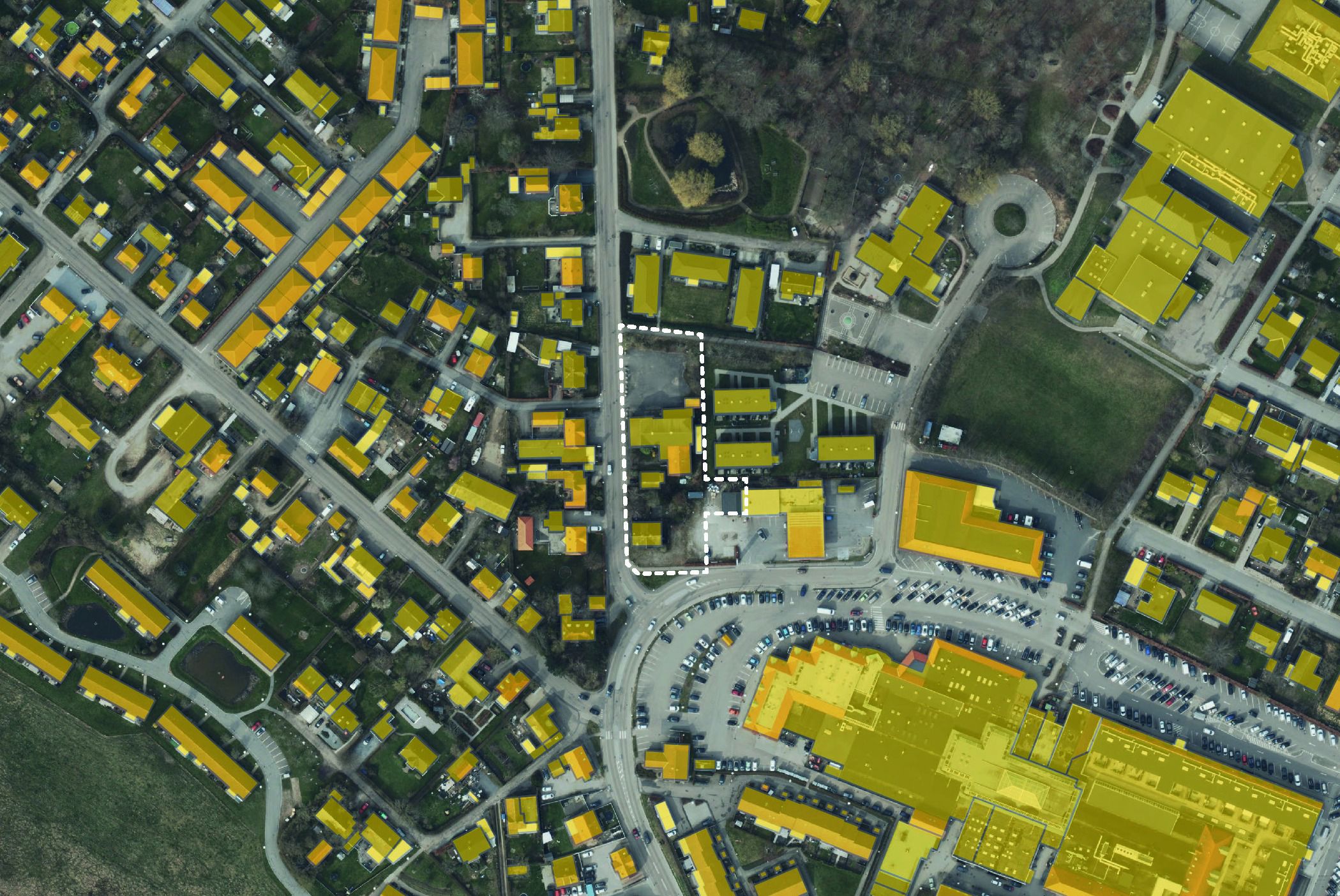 Luftfoto med bygninger på Esterhøjvej i Asnæs