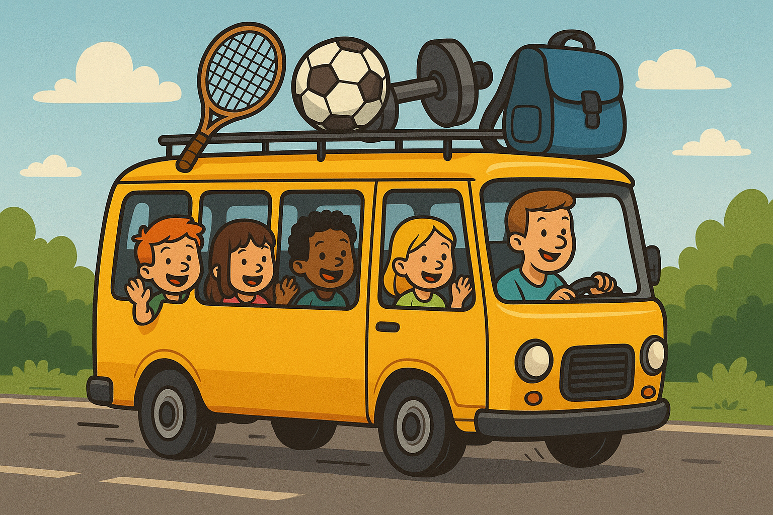 Bus med børn og sportsudstyr på taget