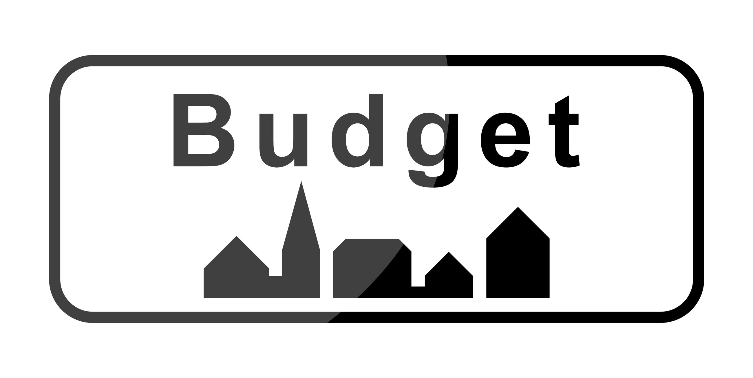 Byskilt med ordet "Budget" skrevet i stedet for bynavnet