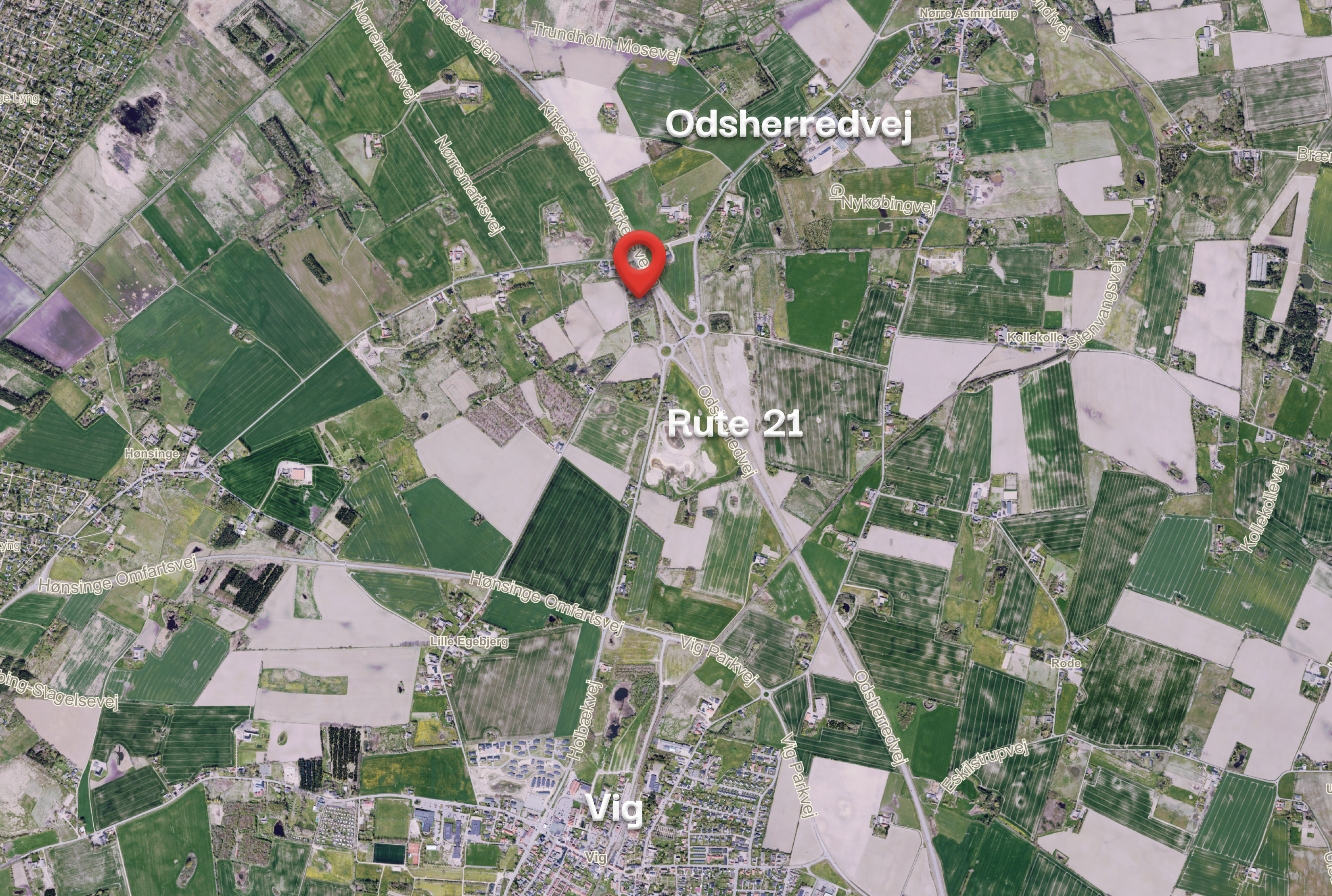 Nørremarksvej, Rute 21, Odsherredvej og Vig set fra luften