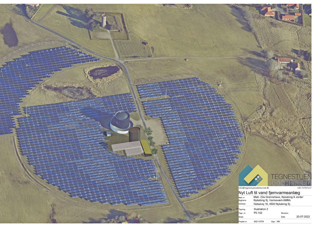 Illustration af ny varmepumpe på Getsøvej (Tegning: Tegnestuen Odsherred)