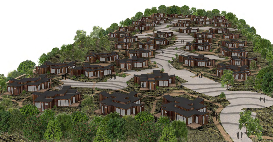 Nordicland skitse viser træhuse på en skovlignende bakke