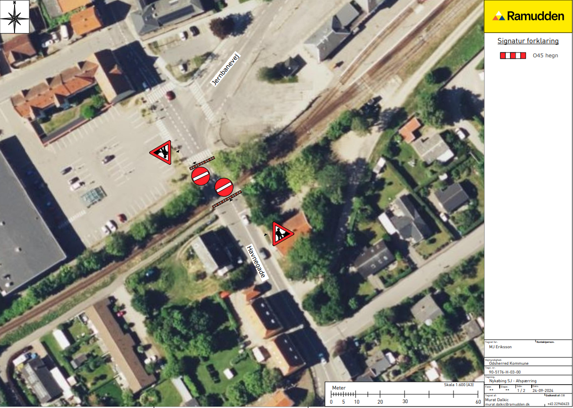 Kort over afspærring ifm. vejarbejde ved jernbaneoverskæring i Nykøbing Sj.