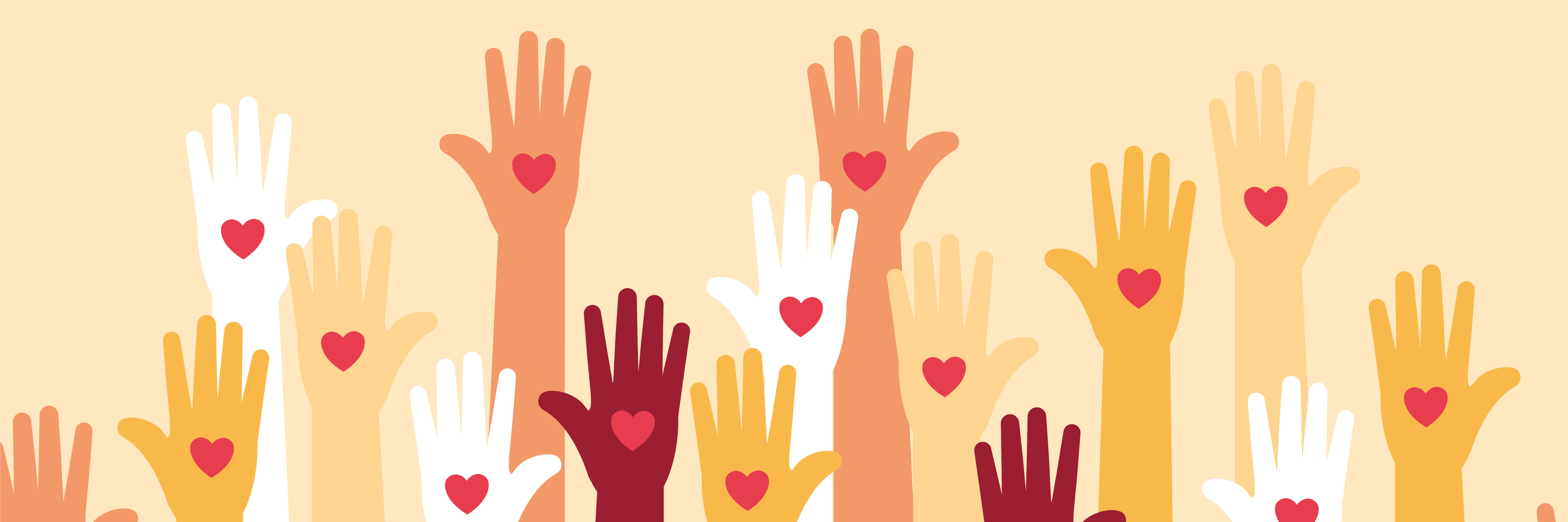 Illustration af oprakte hænder med små hjerter i