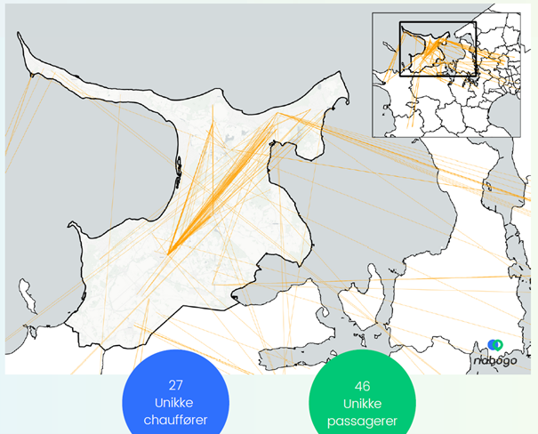 Kort med angivelse angivelse af start- og slutpunkter for samkørsel i Odsherred