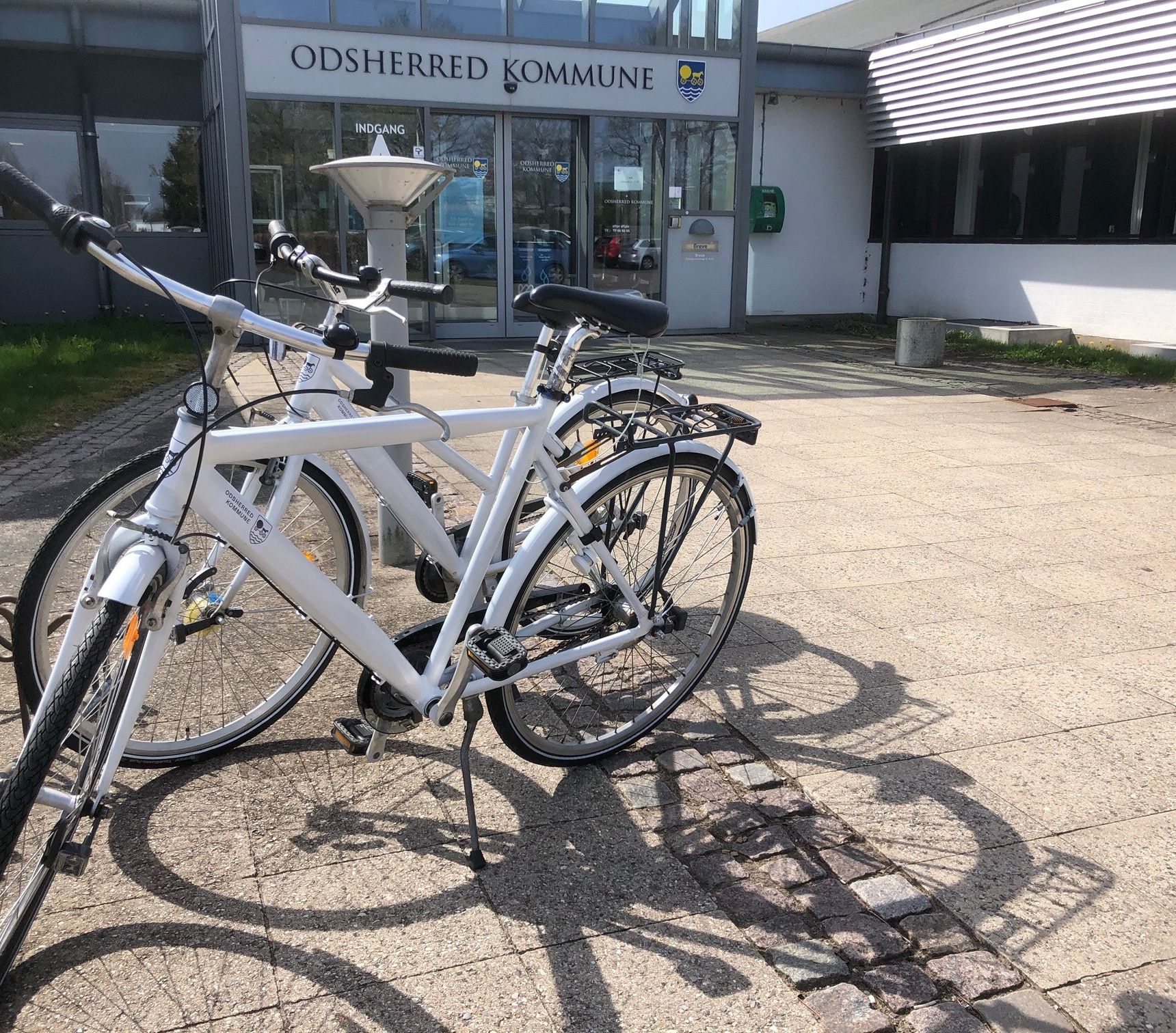 Cykler parkeret foran hovedindgangen af rådhuset