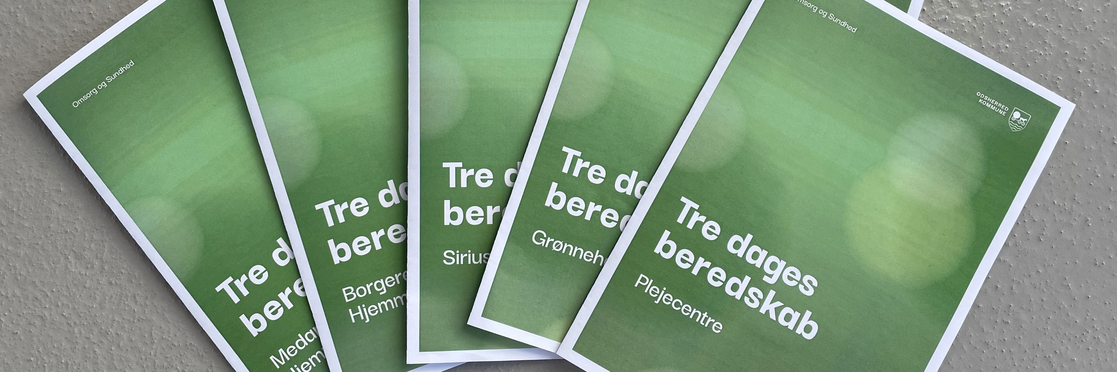 Fem informationsfoldere fra Odsherred Kommune om beredskab til beboere på plejecentre, borgere i hjemme- og sygeplejen mfl