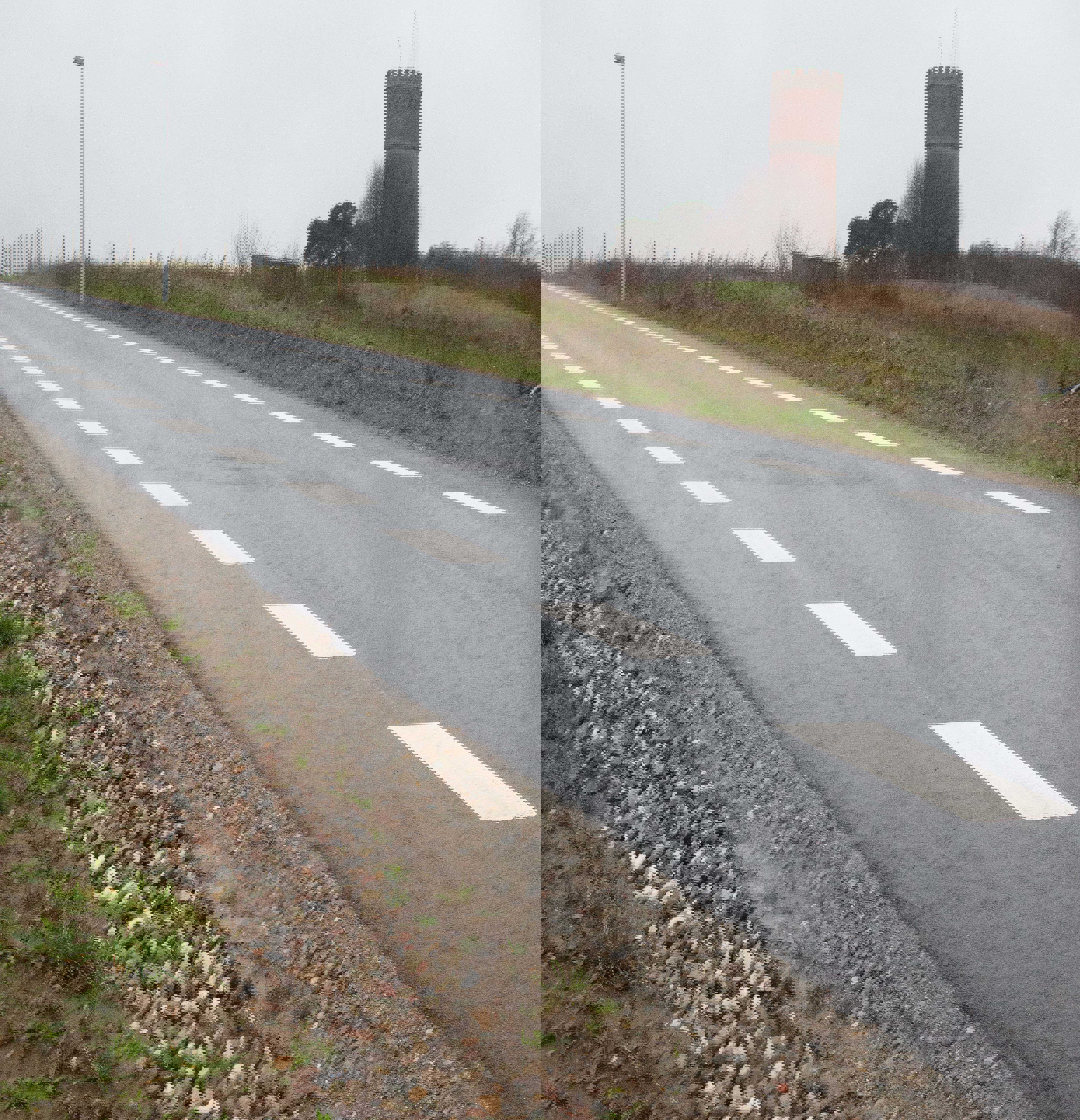 Vejbane med vandtårn i baggrunden