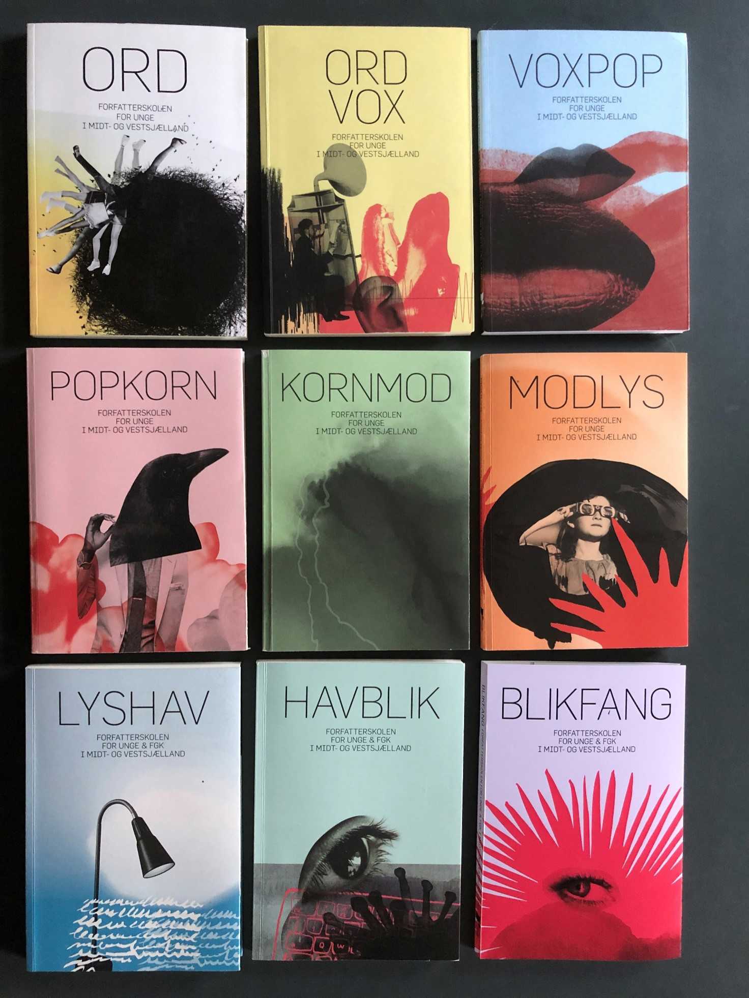 Oversigt over forsider fra Forfatterskolen for Unge