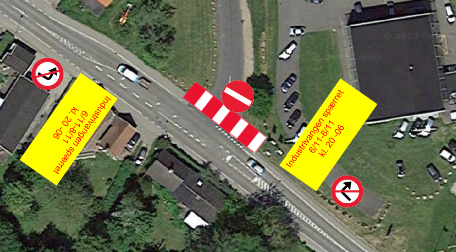 Kort over afspaerring på Roedhoej og Industrivangen