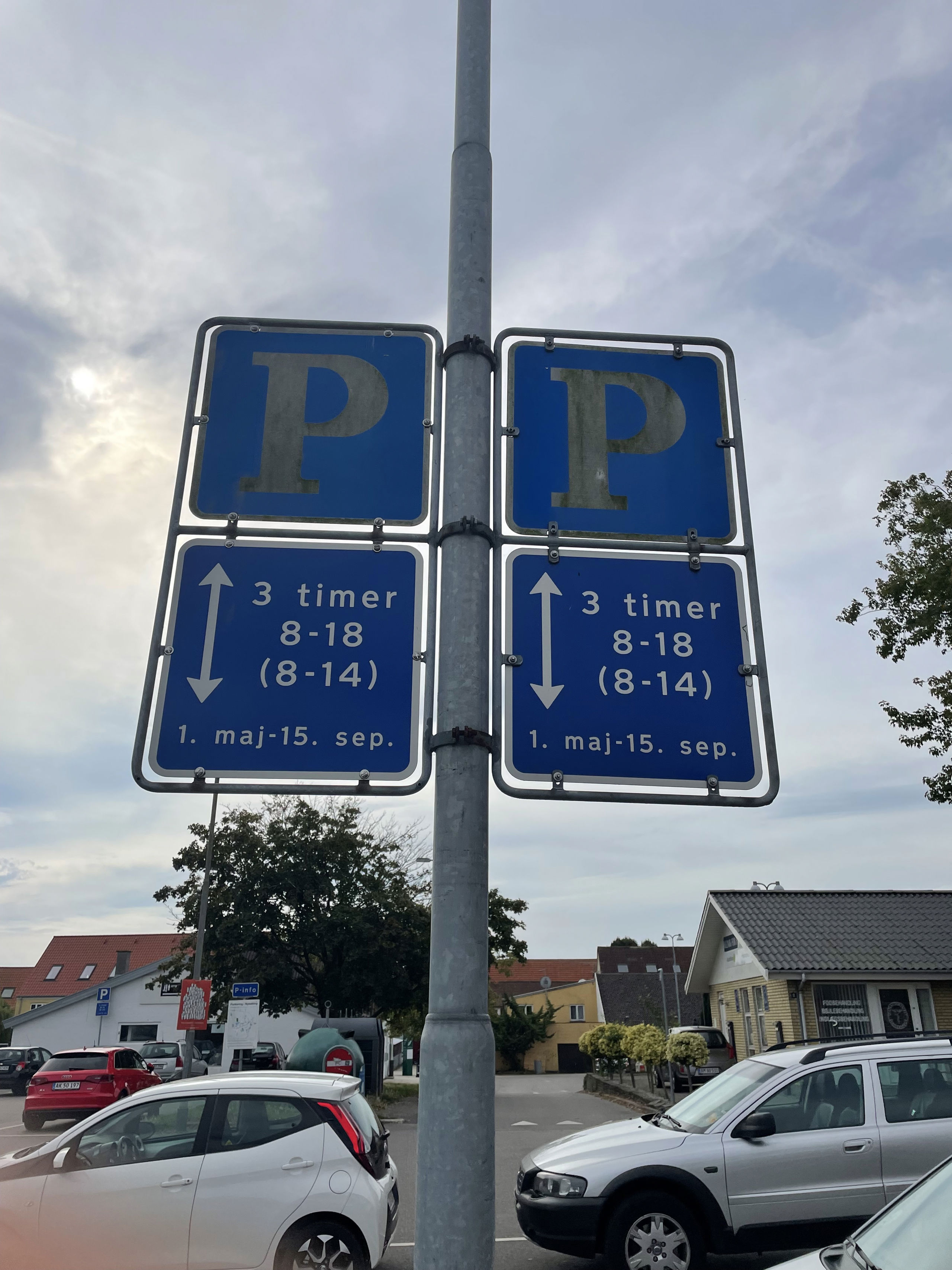 Høj stander med blå parkeringstavler på travl parkeringsplads i Nykøbing Sjælland