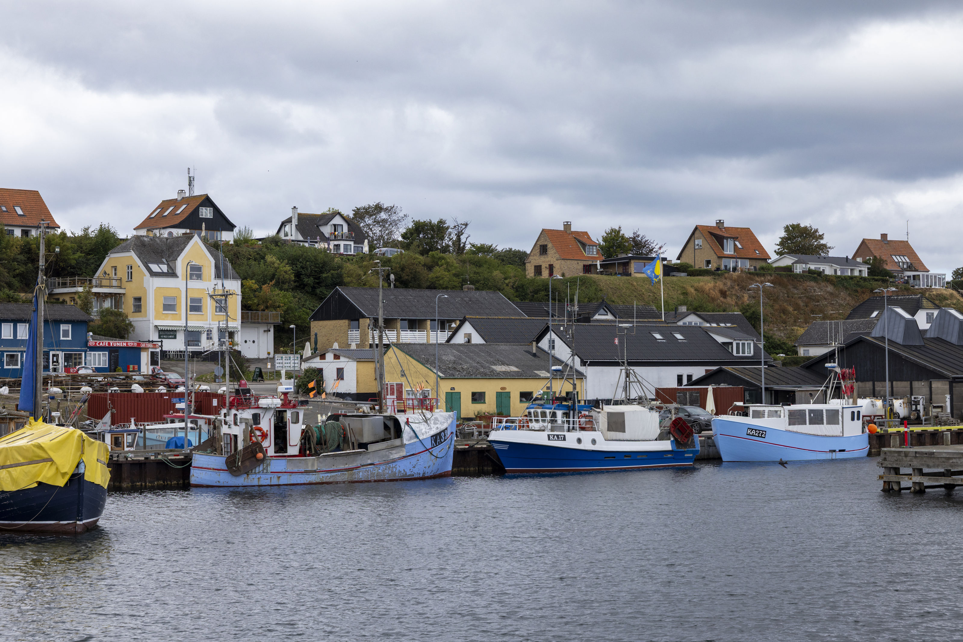 Havnebyen med kuttere i forgrunden