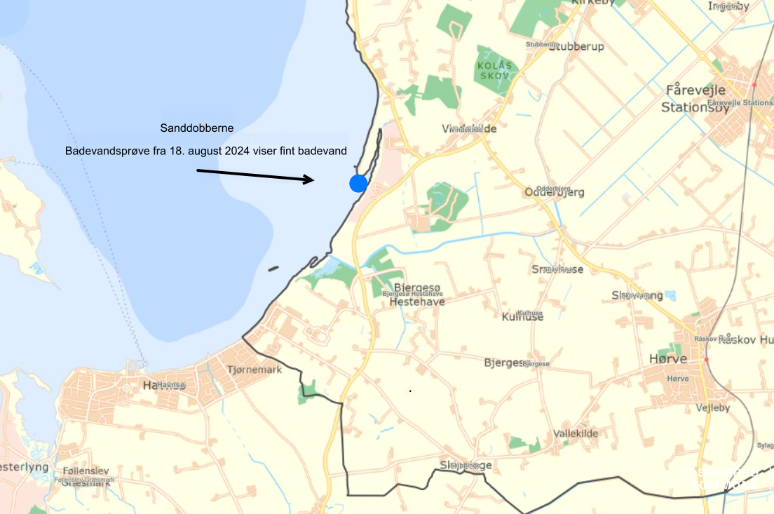 Kort over den vestlige del af Odsherred med en markering af stranden ved Sanddoblerne samt teksten: "Bandevandsprøve fra 18. august 2024 viser fint badevand"