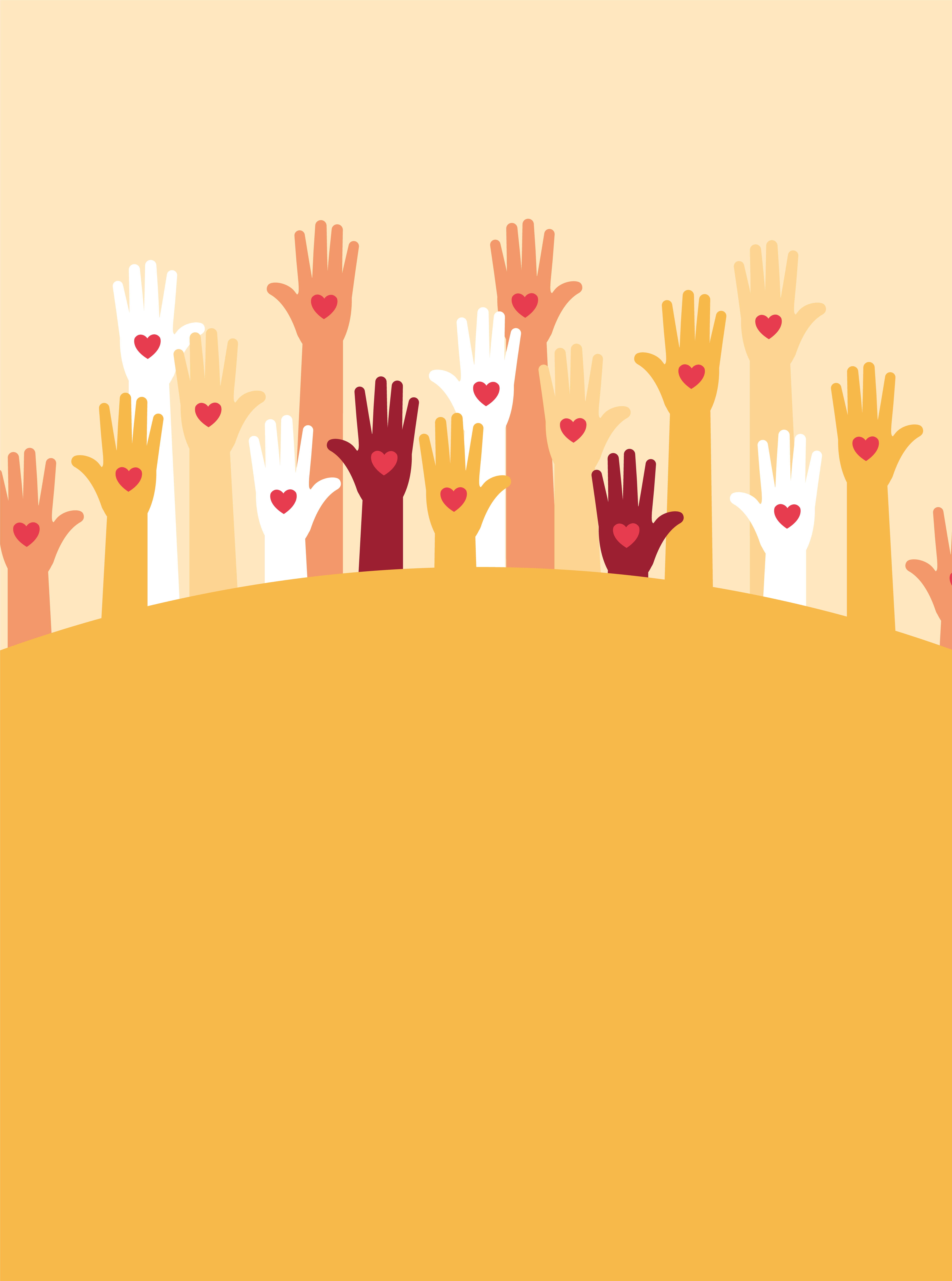 Tegning af udstrakte hænder i forskellige farver. der er et hjerte på hver hånd