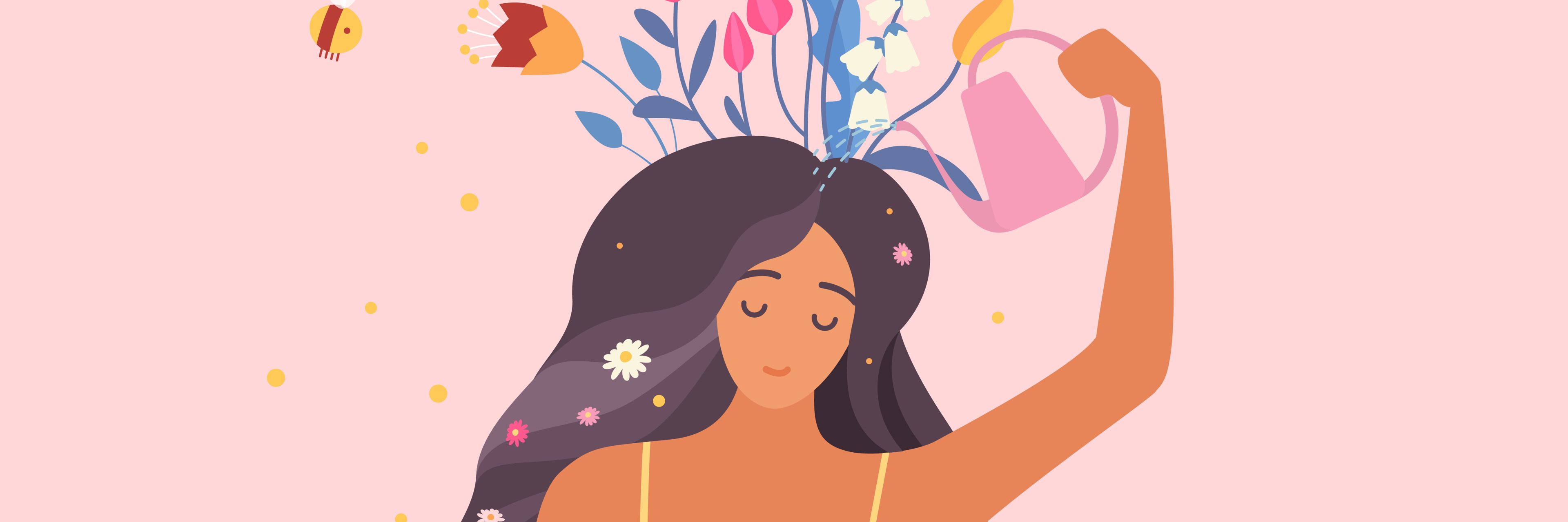 En illustration af en kvinder der vander blomster i sit hår