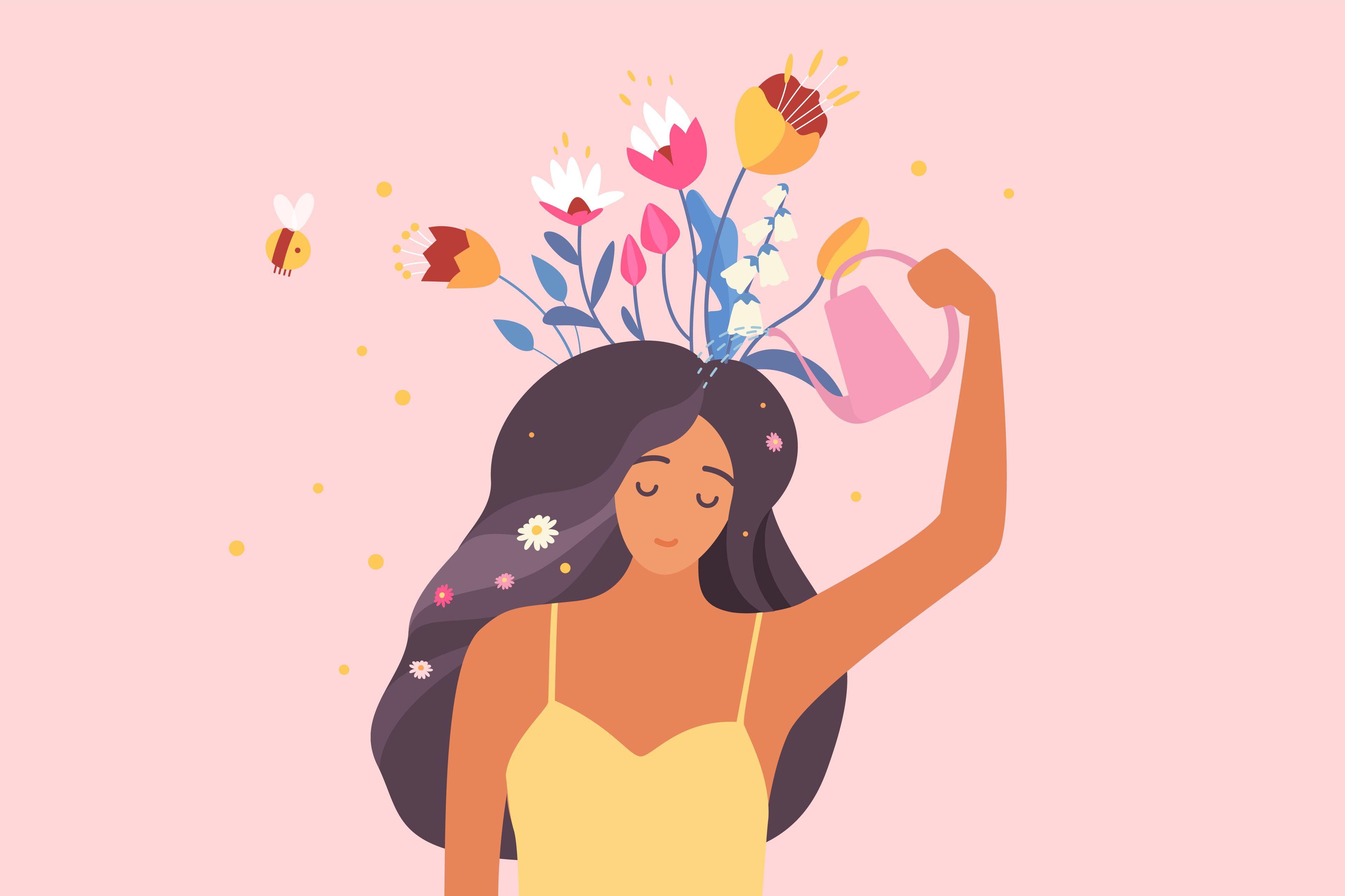 En illustration af en kvinder der vander blomster i sit hår